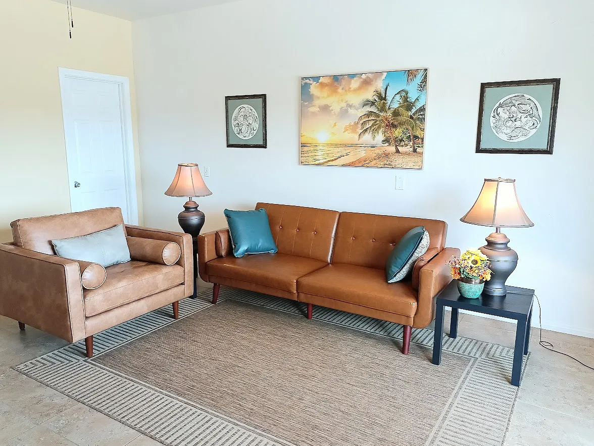 Faux leather living room set that's easy maintenance. Futon sofa folds down for guests. - 1620 1/4 York Dr #A
