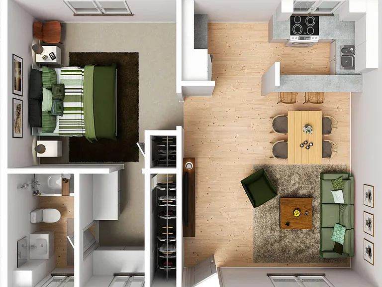 One Bedroom floor plan featuring a cozy bedroom, functional kitchen with dining area, and inviting living space. One Bedroom floor plan featuring a cozy bedroom, functional kitchen with dining area, and inviting living space.