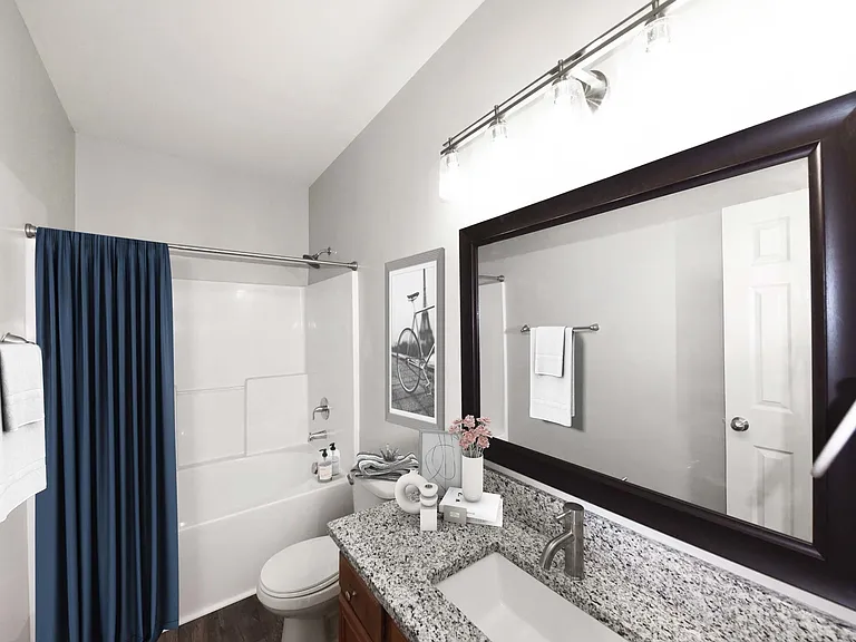 Bright bathroom with granite counters and double sinks