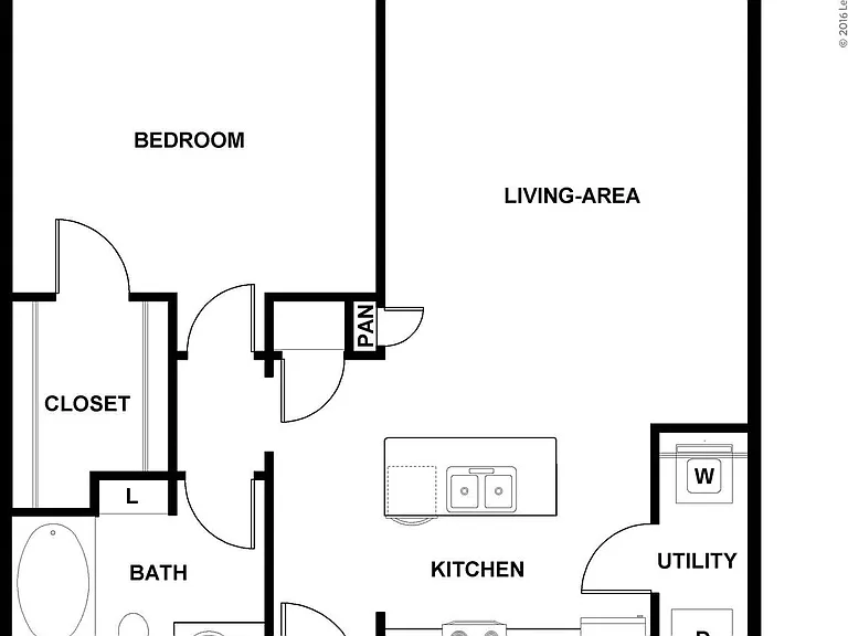 One bedroom apartment with wood vinyl plank flooring and kitchen island