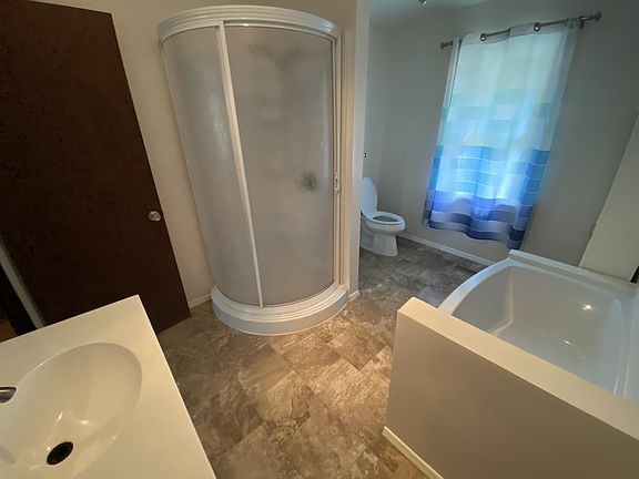 Downstairs bathroom has a shower and a tub. It also has a closet under the stairs.