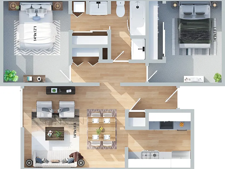 2x1 - 895 sqft. Floorplan