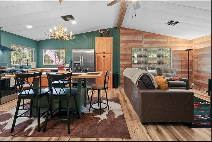 View of the living room and kitchen.