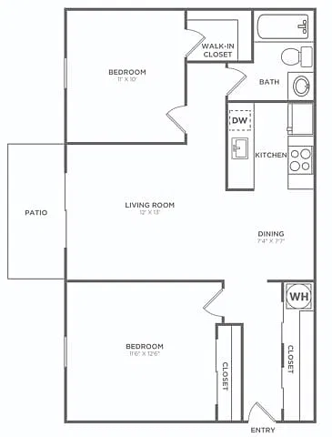 Floor plan Two Bedroom One Bath (792 SF)