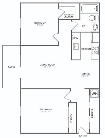 Floor plan Two Bedroom One Bath (792 SF)