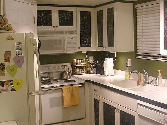Recently updated kitchen with chalkboard cupboards.