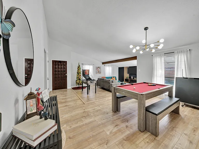 pool table, turns into ping pong table and into dining table that sits 6 people