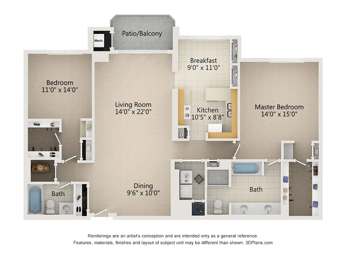 Floor plan 2 Bedroom 2 Bath Type F