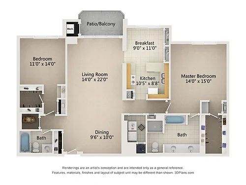Floor plan 2 Bedroom 2 Bath Type F