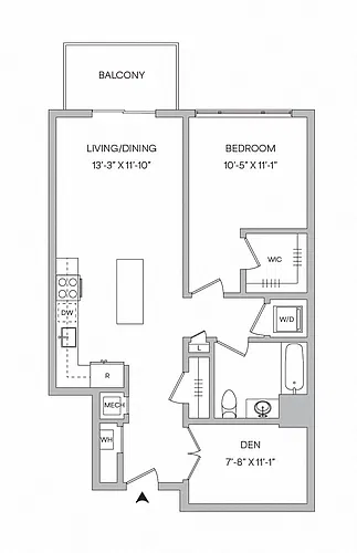 Floor plan A25 - 1BR 1BA + Den (848 SF)