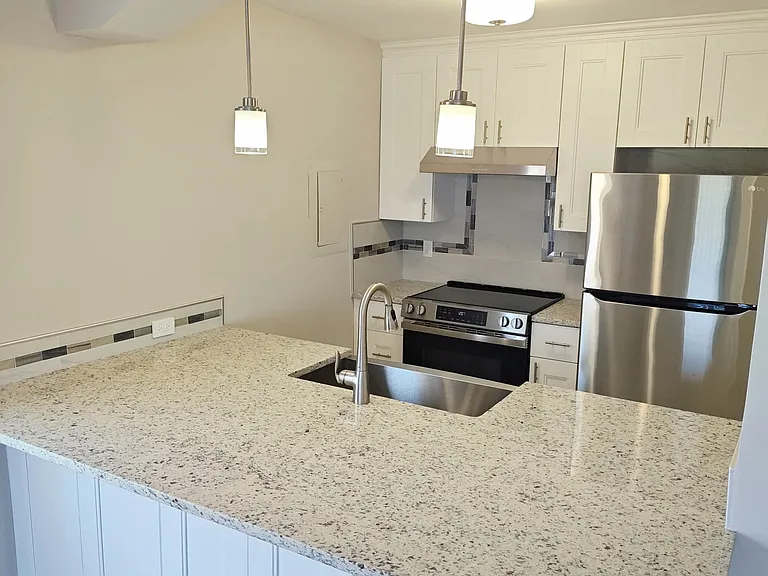 54" x 86" custom Granite Countertop with etched frosted glass Pendant Lights & large deep Stainless Steel sink