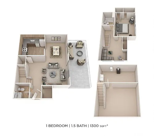 Floor plan One Bedroom 1.5 Bath Townhome