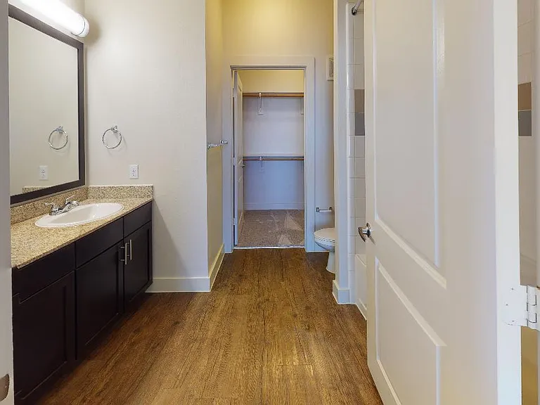 Apartment bathroom with wood-style flooring.