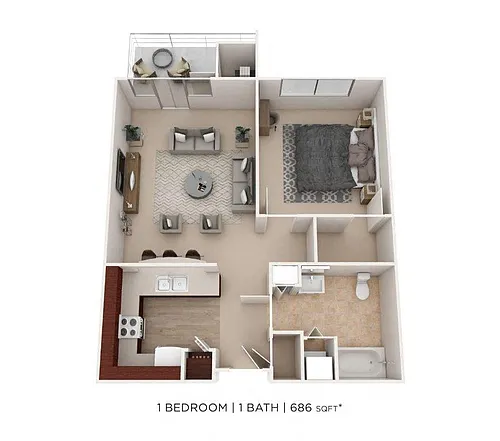 Floor plan One Bedroom- 686 sqft