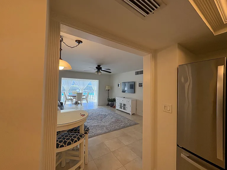 Kitchen view into living area.