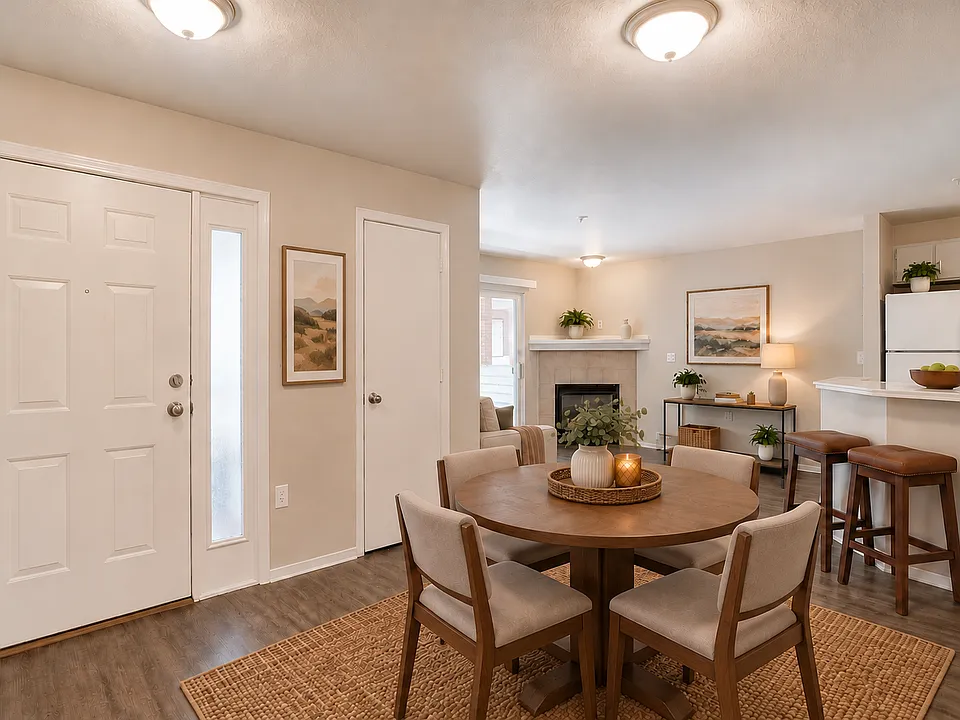 The two bedroom townhouse's inviting living space features wood-style flooring, natural light, and a cozy switch-operated fireplace. The open layout flows seamlessly into the kitchen and dining areas, creating a comfortable space to call home.