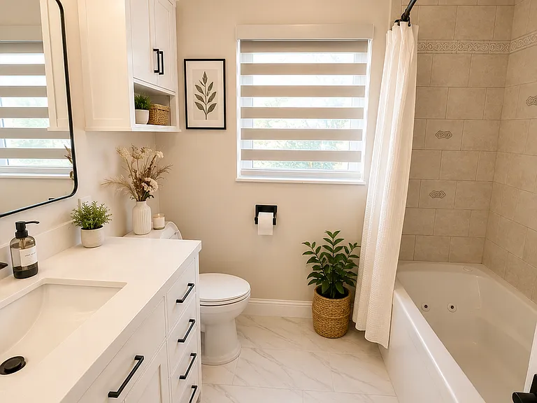 Updated full bathroom with bright lighting, modern fixtures, a whirlpool tub, and a clean spa-like feel for families, groups, and extended stays.