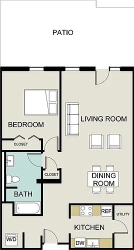 Floor plan 1 bedroom, 1 bath condo