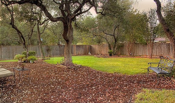 Large tree shaded parklike backyard.