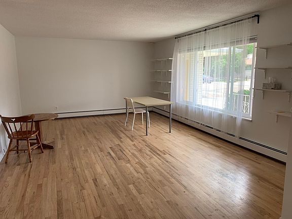 Living room with large east-facing, newer double-pane windows with blackout blinds. New shelving & curtain rods with sheer curtains protecting privacy. Hardwood floor. Furniture in photo optional for tenant use. New paint