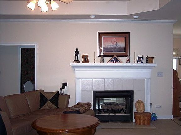 The family room features a trey ceiling with fan and a "see through" fireplace