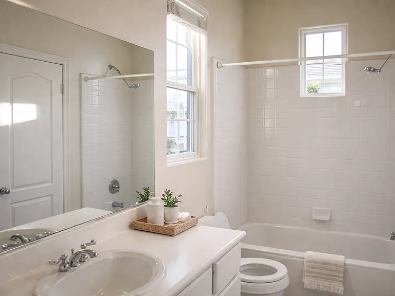 Bright upstairs bathroom featuring tub shower, window, and clean finishes