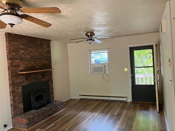 Fireplace with wood stove in living room.