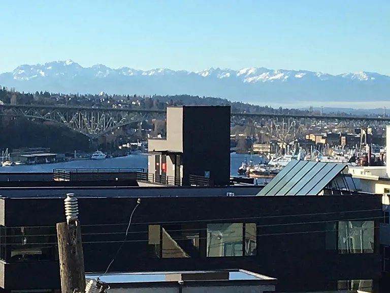 Deck view across lake Union to Olympics