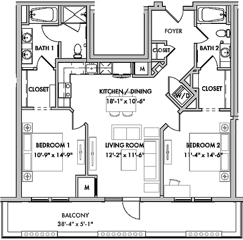 Floor plan Mansions 1 2 Bed/2 Bath-B4-B