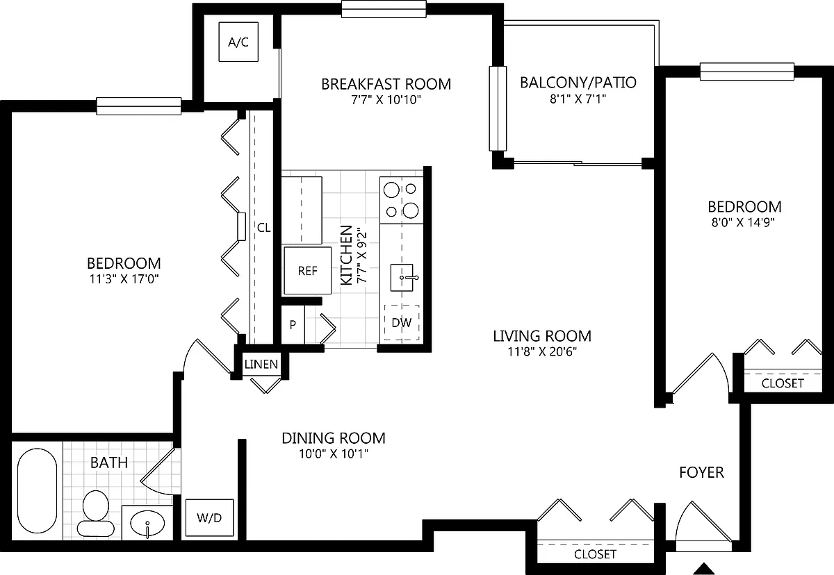 Floor plan 2 Bed/1 Bath-A2D