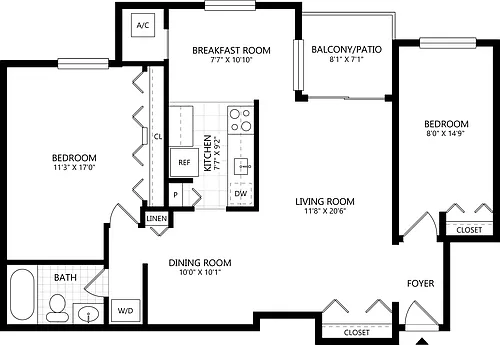 Floor plan 2 Bed/1 Bath-A2D