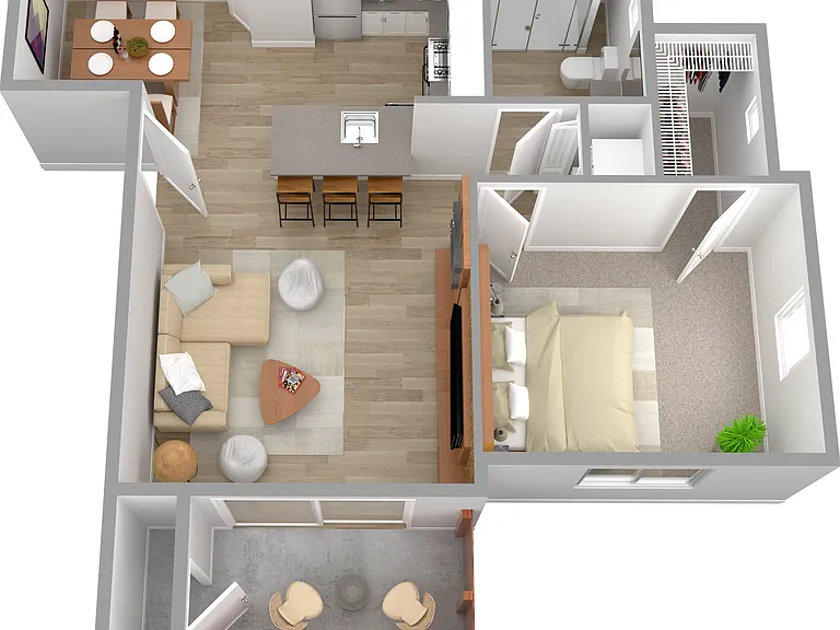 3D Furnished One-Bedroom Floor Plan 3D Furnished One-Bedroom Floor Plan
