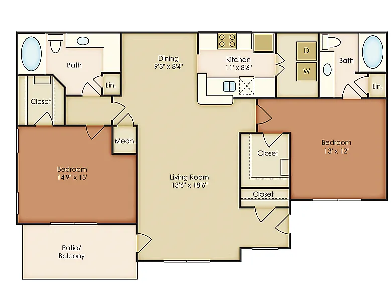 Floor plan 2 Bed, 2 Bath D (80% Income Restricted)