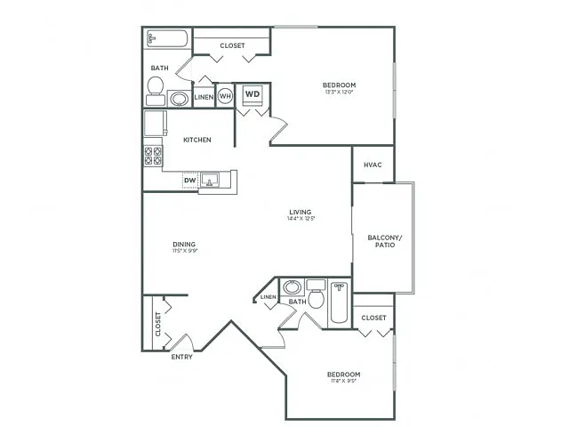 Floor plan Two Bedroom Two Bath (937 SF)
