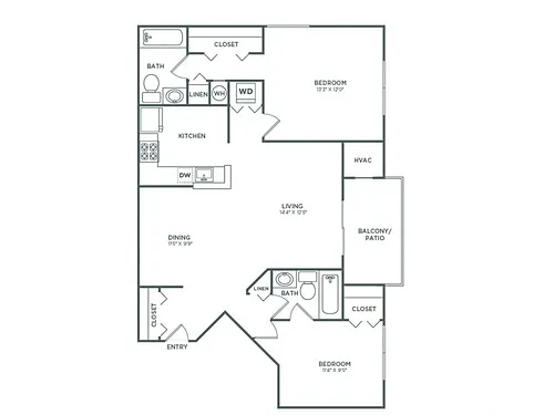 Floor plan Two Bedroom Two Bath (937 SF)