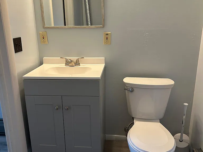Brand new vanity, mirror and toilet in downstairs bath