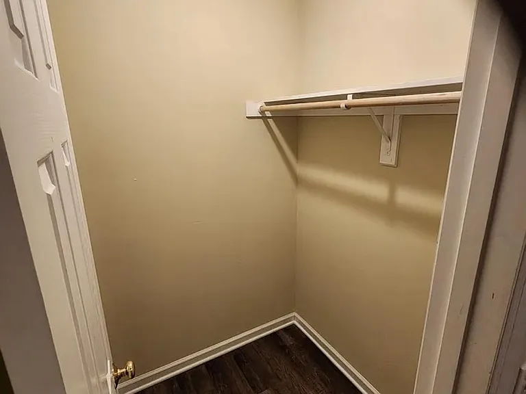 Walk-in storage closet with a hanging rod and shelf, ideal for organizing clothing, shoes, and seasonal items.