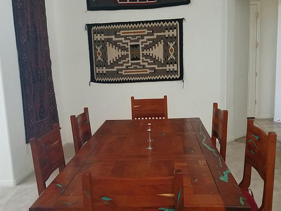 Multifunctional Dining Room w Stunning Southwest Mesquite Table w inlaid Turquoise. Finished w Southwest & Asian Artisan Rugs/Tapestries