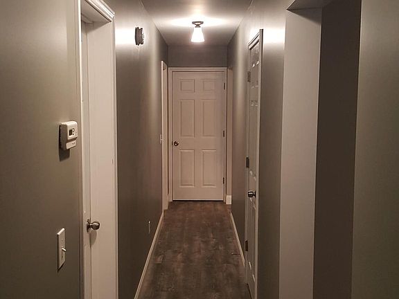 As you exit the living room you will be in the main hall pictured here. Directly on my left is the guest bedroom door (not pictured). On the right midway down is an under the stairs storage room. The door on the left is the bathroom. At the end on the hal