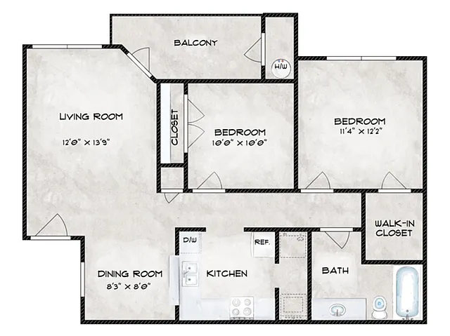 Floor plan 2 Bed, 1 Bath A (50% Income Restricted)