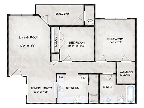 Floor plan 2 Bed, 1 Bath A (50% Income Restricted)