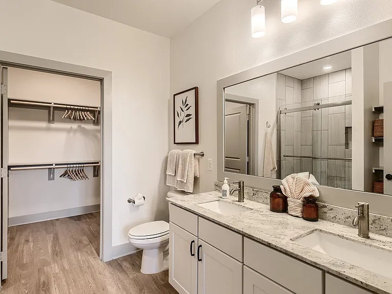 Bathroom with double-sink vanity and walk-in shower