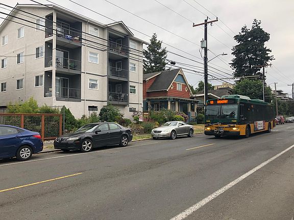 Bus route in front of building