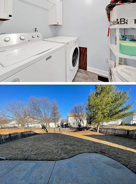 Included washer and dryer, spacious backyard with concrete area for grilling or patio furniture.