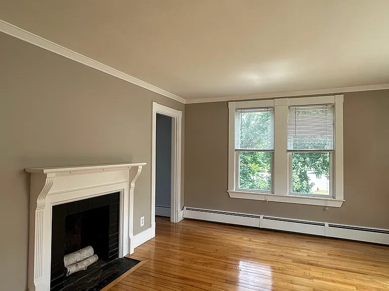 Bright, sunlit living room with decorative wood-burning fireplace and hardwood floors