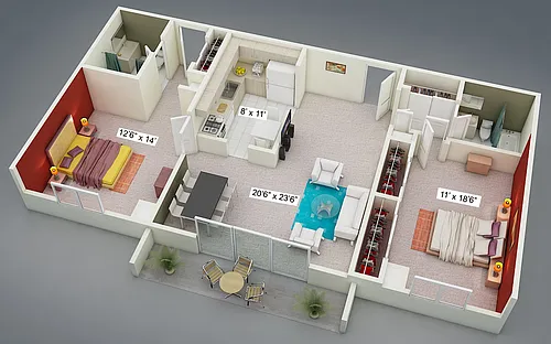 Floor plan Two Bedroom Two Bath Split Suite