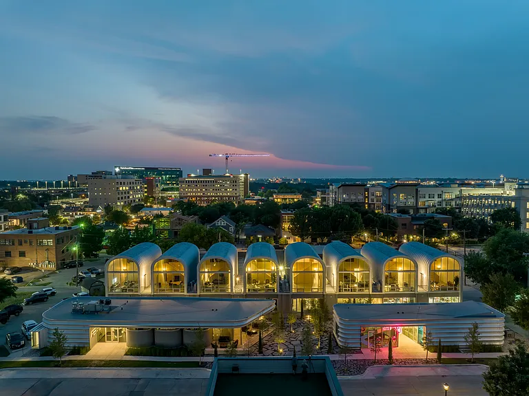 Aerial view of the complex at night.