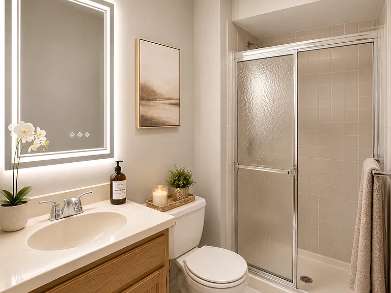 Full bathroom with shower and clean neutral finishes