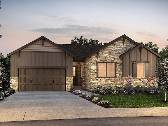 Single-story Easton plan shown in Elevation C with a three-car garage and stunning accents.