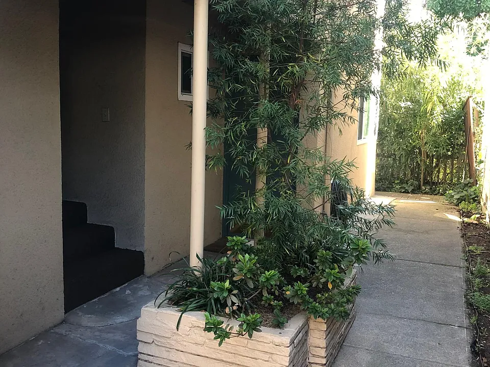 After walking through the carport, there is a 4 unit building. At the planter is a set of steps.